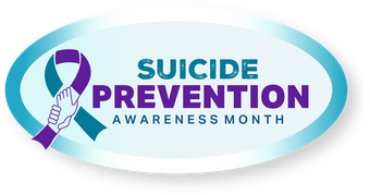 Suicide Prevention Awareness Month logo with a teal and purple awareness ribbon in an oval badge