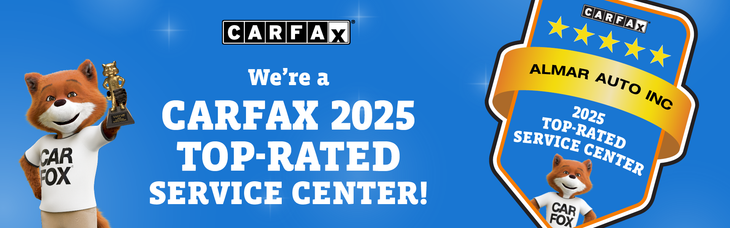 A Carfax 2025 Top-Rated Service Center banner for Almar Auto Inc featuring the Carfax fox mascot on a blue background.  