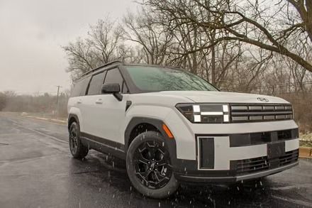 White-and-black SUV parked on a wet road in a foggy, leafless wooded area.