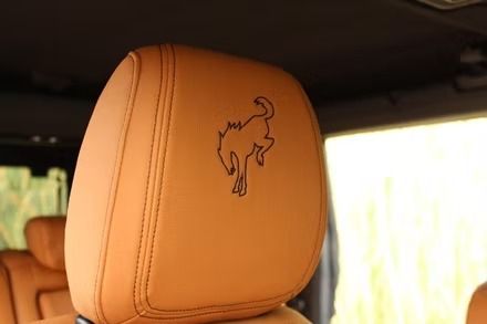 Tan leather car headrest embroidered with a horse logo, seen inside a vehicle