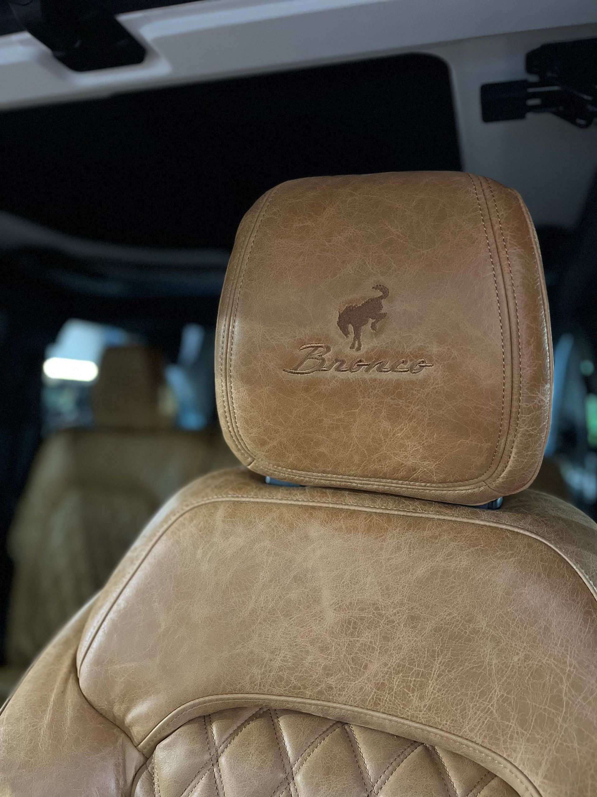 Tan suede car seat headrest with embroidered animal logo in a vehicle interior