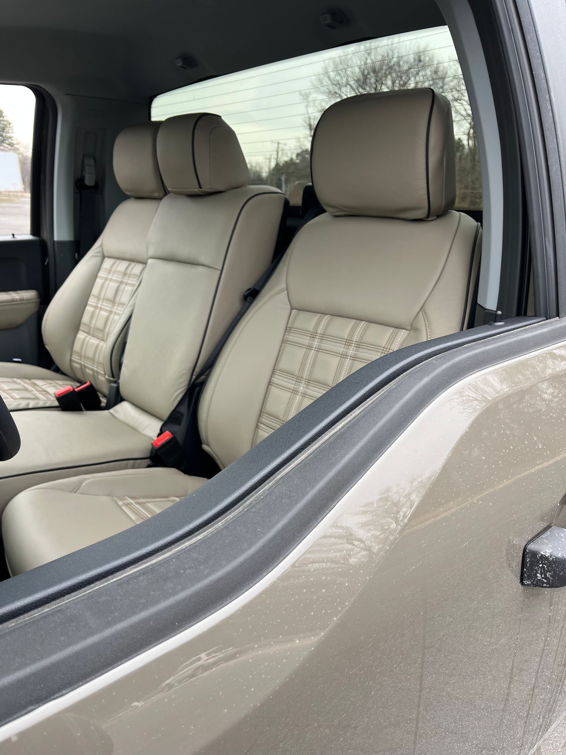 Front view of a car interior with beige leather seats and an open door, seen from outside.