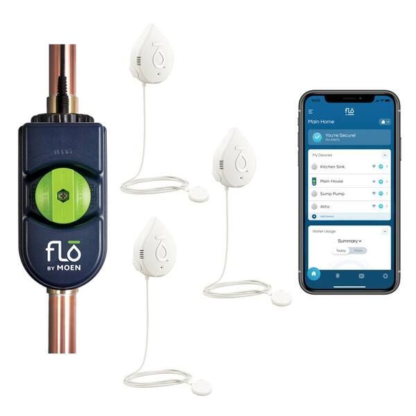 A Flo by Moen smart water monitoring system with a smartphone displaying the app.