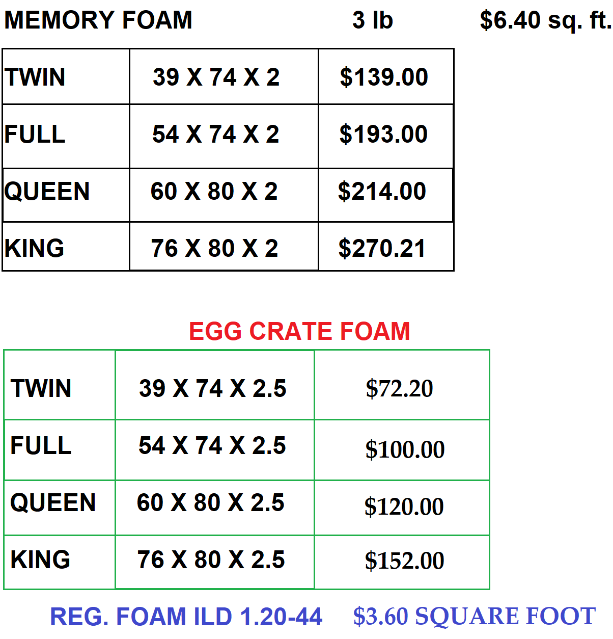 Price chart for memory foam and egg crate foam mattress sizes with dimensions and costs