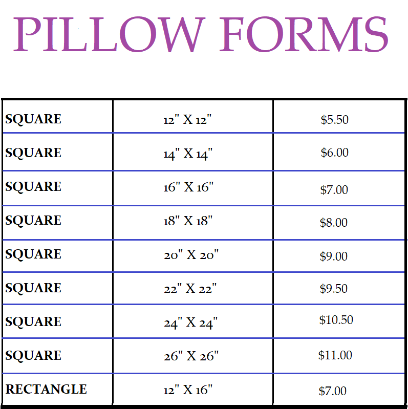 Pillow Forms chart listing square and rectangle sizes with prices in purple header and black table rows