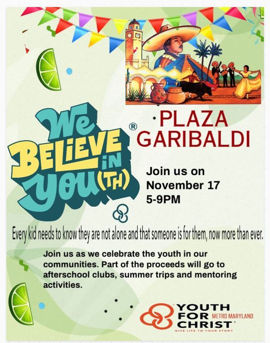 Poster for Youth For Christ event at Plaza Garibaldi. Date: November 17, 5-9 PM. Fundraising for youth activities.