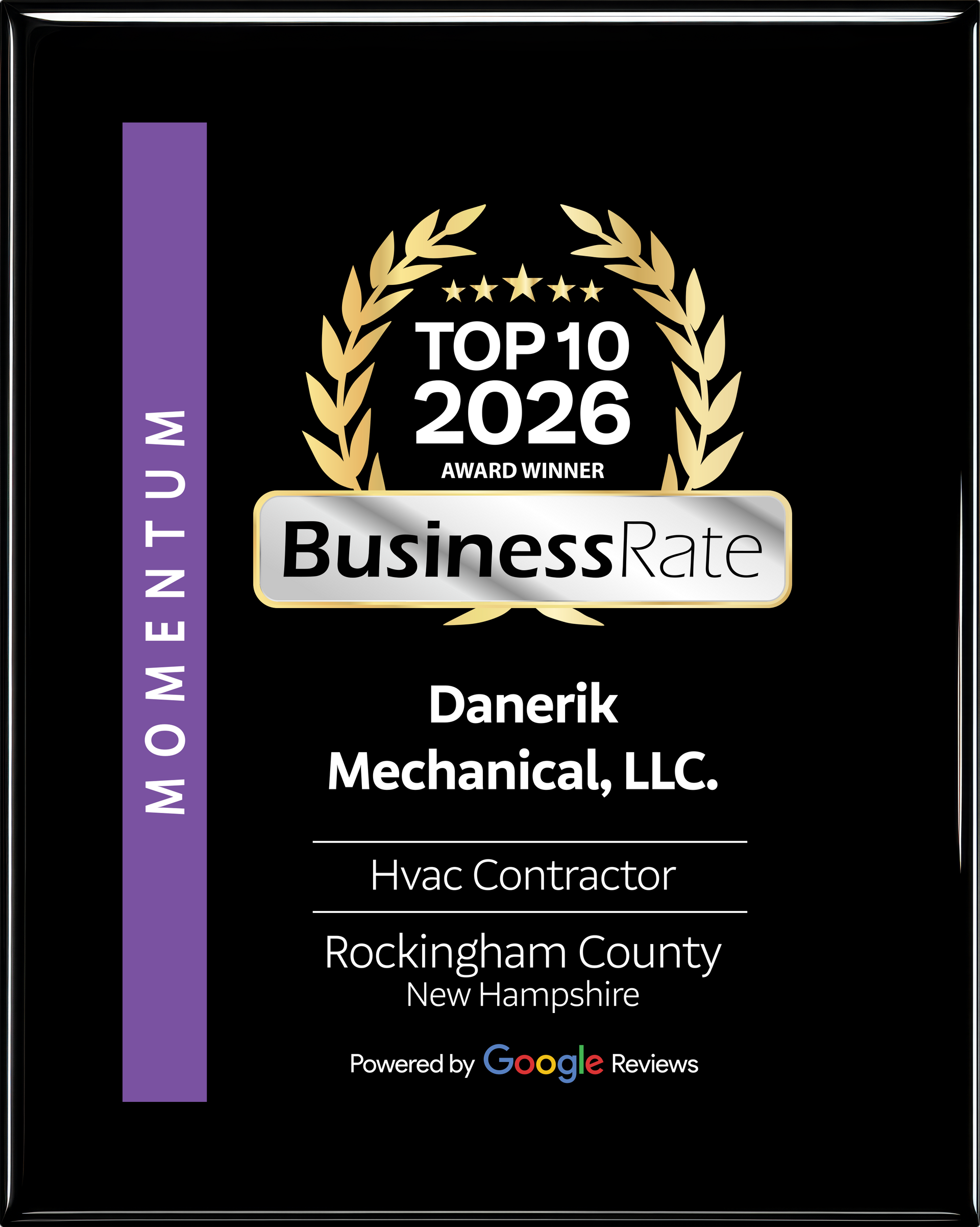 BusinessRate Top 10 2026 award plaque for Danerik Mechanical, LLC, an HVAC contractor in Rockingham County, New Hampshire.
