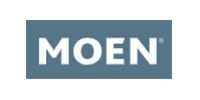The Moen logo is a white wordmark in a blue rectangular box.