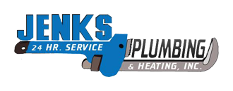 Jenks Plumbing logo with blue wrench and text. "JENKS", "24 HR. SERVICE", "PLUMBING & HEATING, INC."