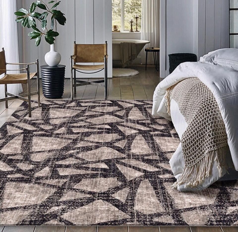 Geometric patterned rug in a bedroom with a bed, chairs, and plant.