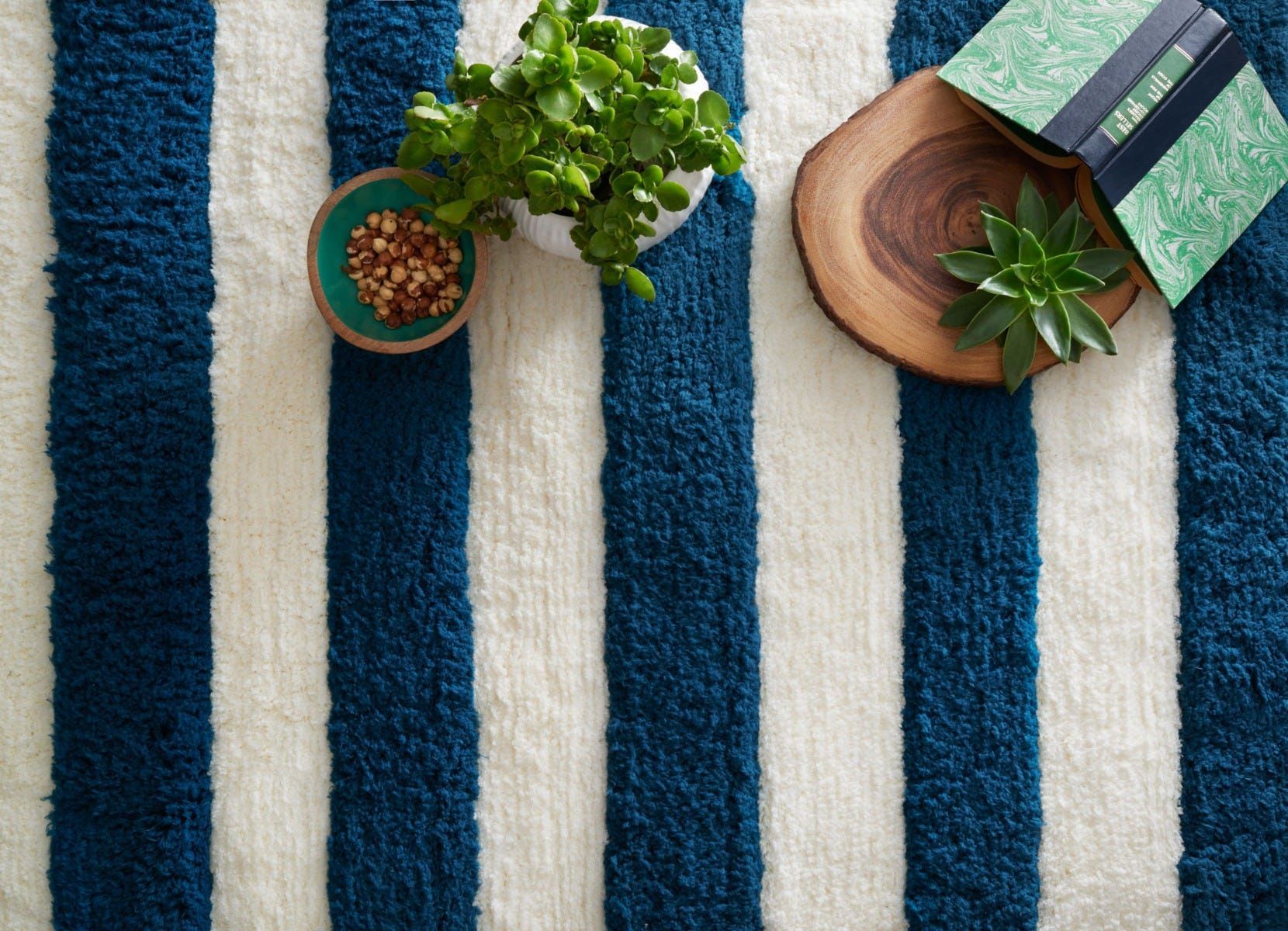 Blue and white striped rug with small potted plants and wooden decor on top.