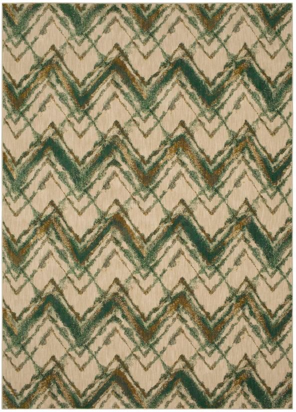 Beige rug with zig-zag pattern in shades of green and brown.