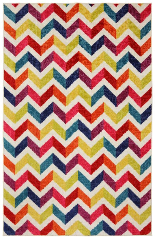 Colorful chevron patterned rug. White background with rows of red, pink, orange, yellow, and blue chevrons.