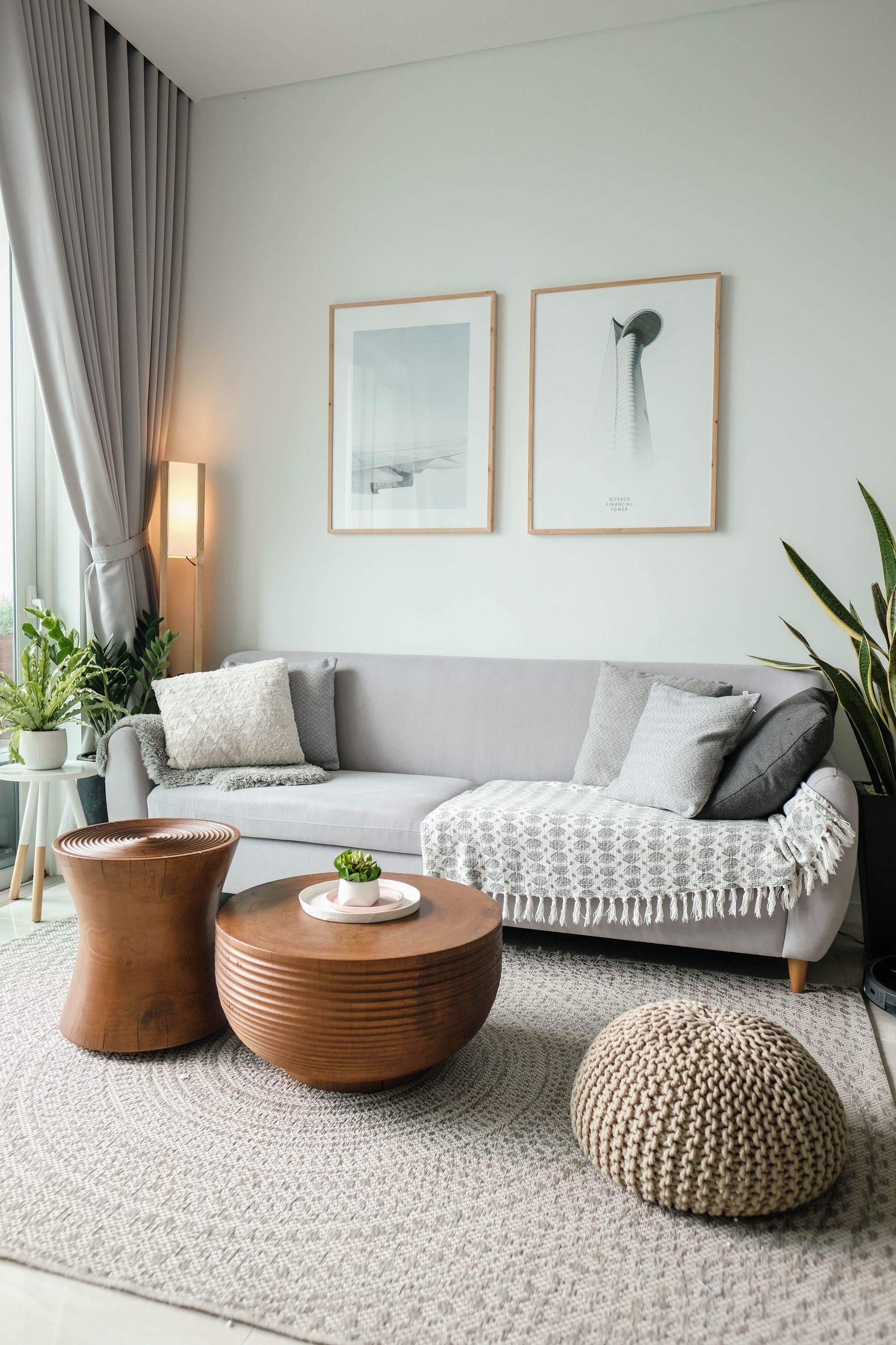 Living room with gray sofa, wooden tables, two framed artworks, and plants on a rug.