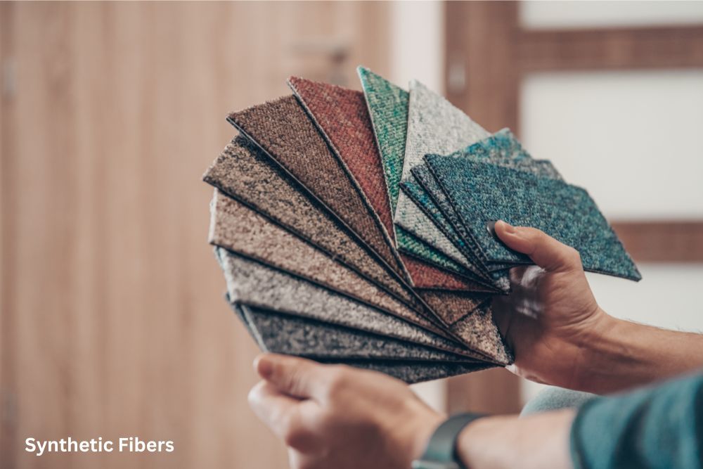 Person holding a fan of synthetic fiber samples in various colors.