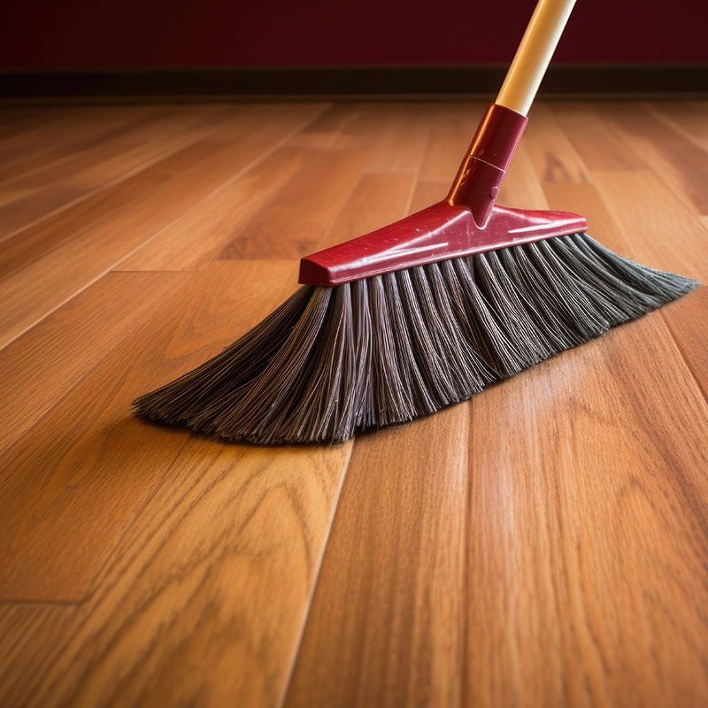 Broom sweeping wooden floor; red and brown colors.