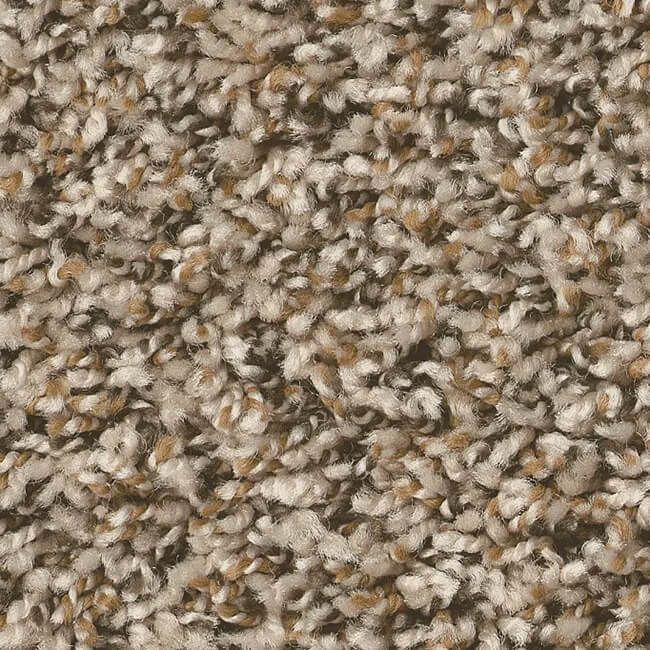 Close-up of a neutral-toned carpet with tightly looped fibers in shades of beige, brown, and cream.