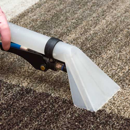 Carpet cleaner nozzle on a brown and beige rug, hand holding the handle.