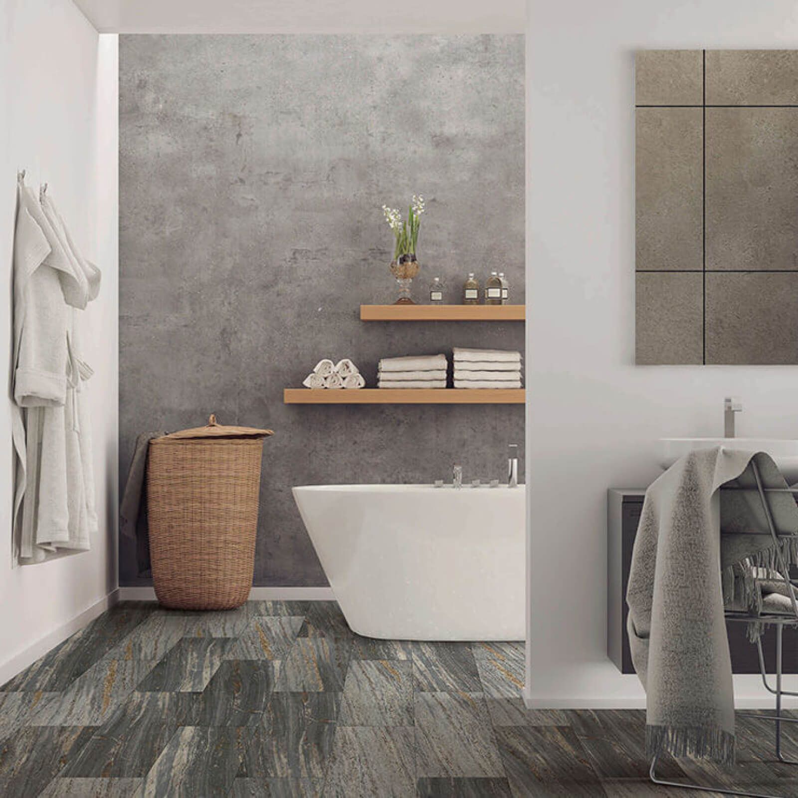 Modern bathroom with a bathtub, shelves, and wood-look tile. Concrete wall in the background.