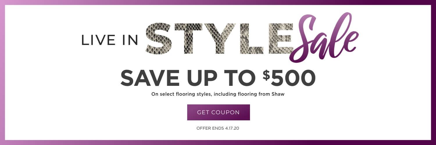 Sale banner: Live in Style. Save up to $500. Shop now button. White background with purple accents.
