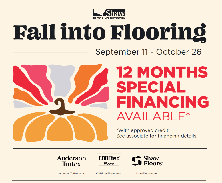 Fall into Flooring sale poster with orange flower and 12 months special financing available
