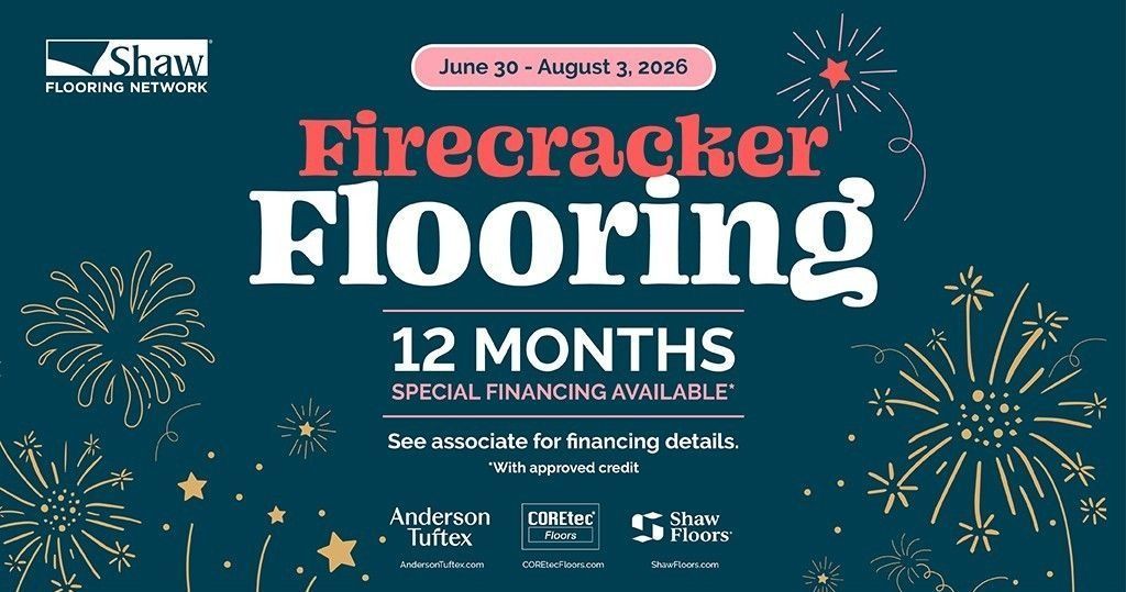 Firecracker Flooring event flyer on teal background with fireworks and bold 12-month special financing text