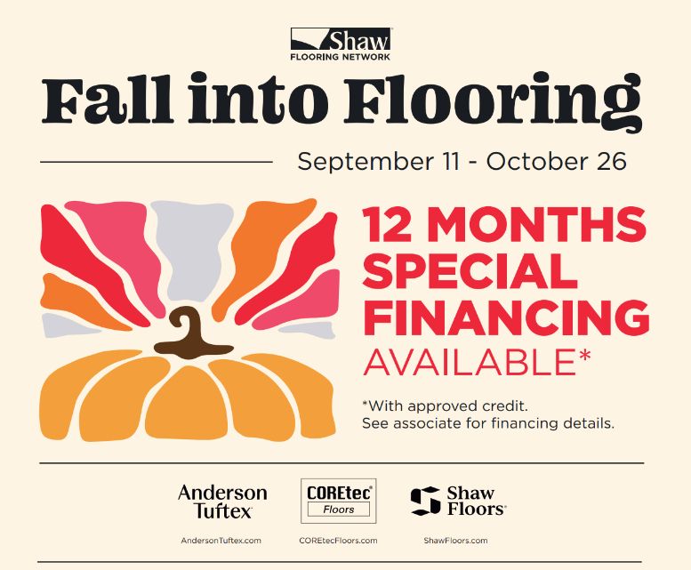 Fall into Flooring sale ad with autumn leaf graphic and red “12 Months Special Financing Available” text