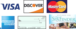 Visa, Discover, MasterCard, American Express, Chequeu, SpaFinder