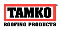 Logo for TAMKO Roofing Products: Black text within a red and white rectangle, with