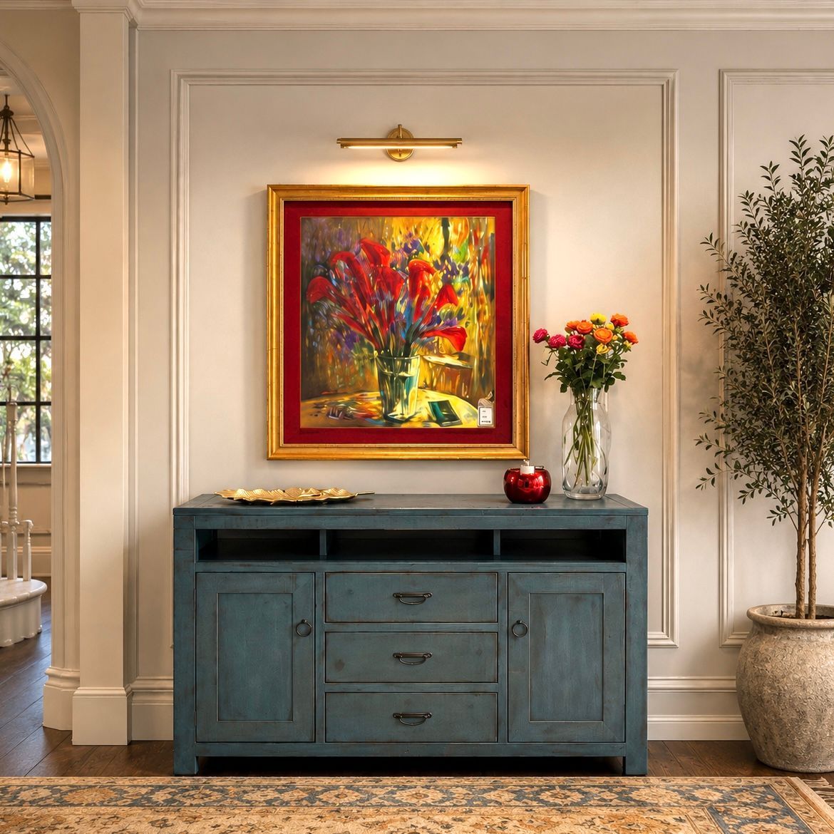Blue console table beneath colorful abstract painting in a bright, elegant entryway