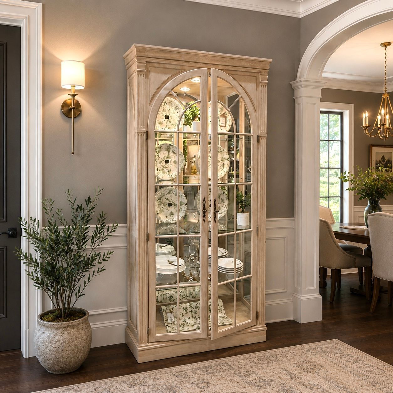 Elegant dining room with a cream arched display cabinet, wall sconce, plant, and chandelier-lit doorway