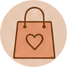 Brown shopping bag icon with a heart symbol on a light beige circle background