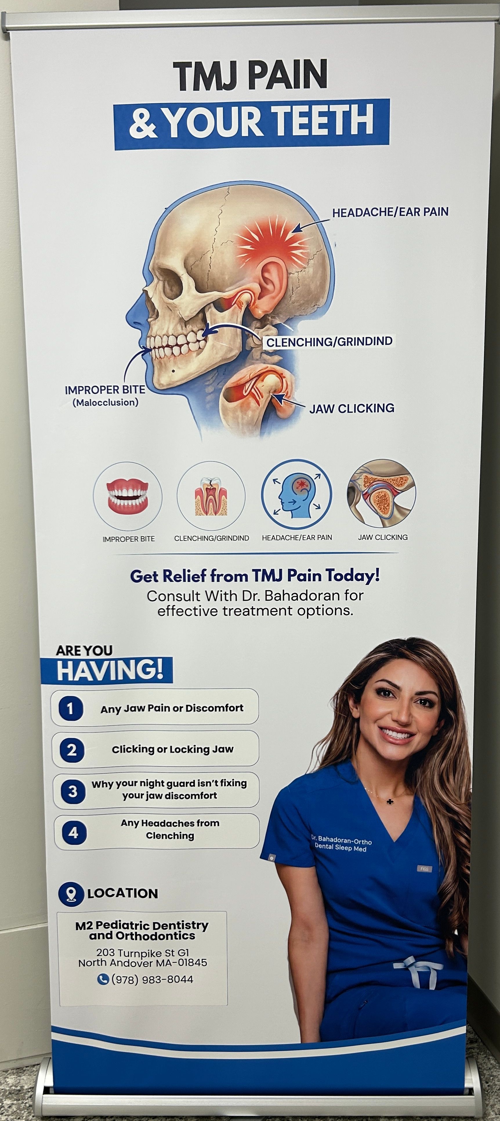 TMJ pain and teeth poster with skull diagram and a smiling dental professional in blue scrubs