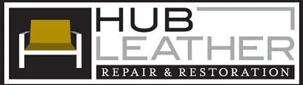Hub Leather Repair & Restoration logo with yellow chair icon on black and white background