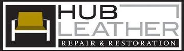Hub Leather Repair & Restoration logo with yellow chair icon on black and white background