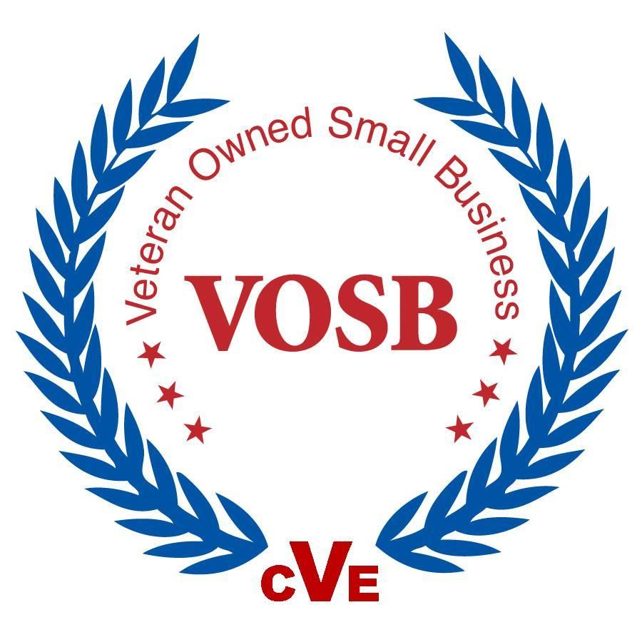 Veteran Owned Small Business logo with blue laurel wreath, red VOSB text, and cVE at bottom