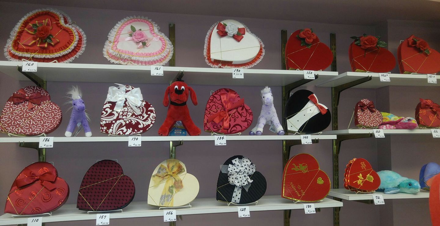 There are many different types of hearts on the shelves.