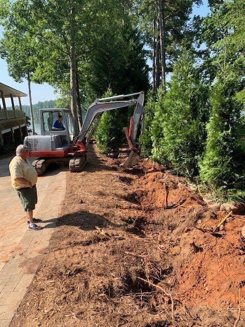 Man watches excavator digging beside path lined with trees, near a body of water.
