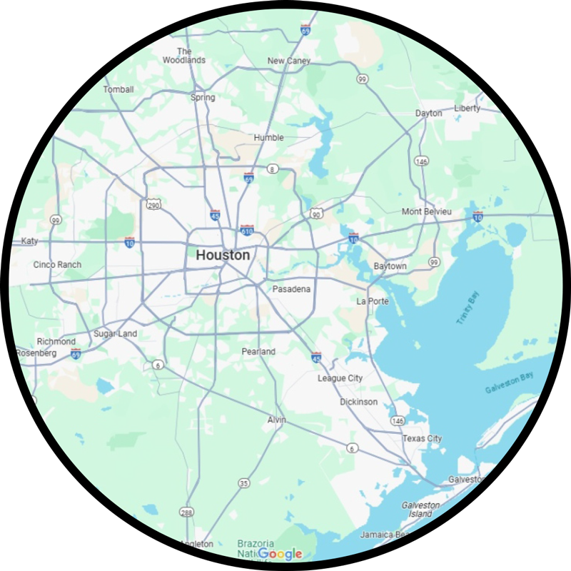 A map of Houston is shown in a circle