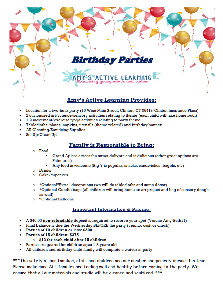 Amy’s Active Learning Birthday Party Flyer