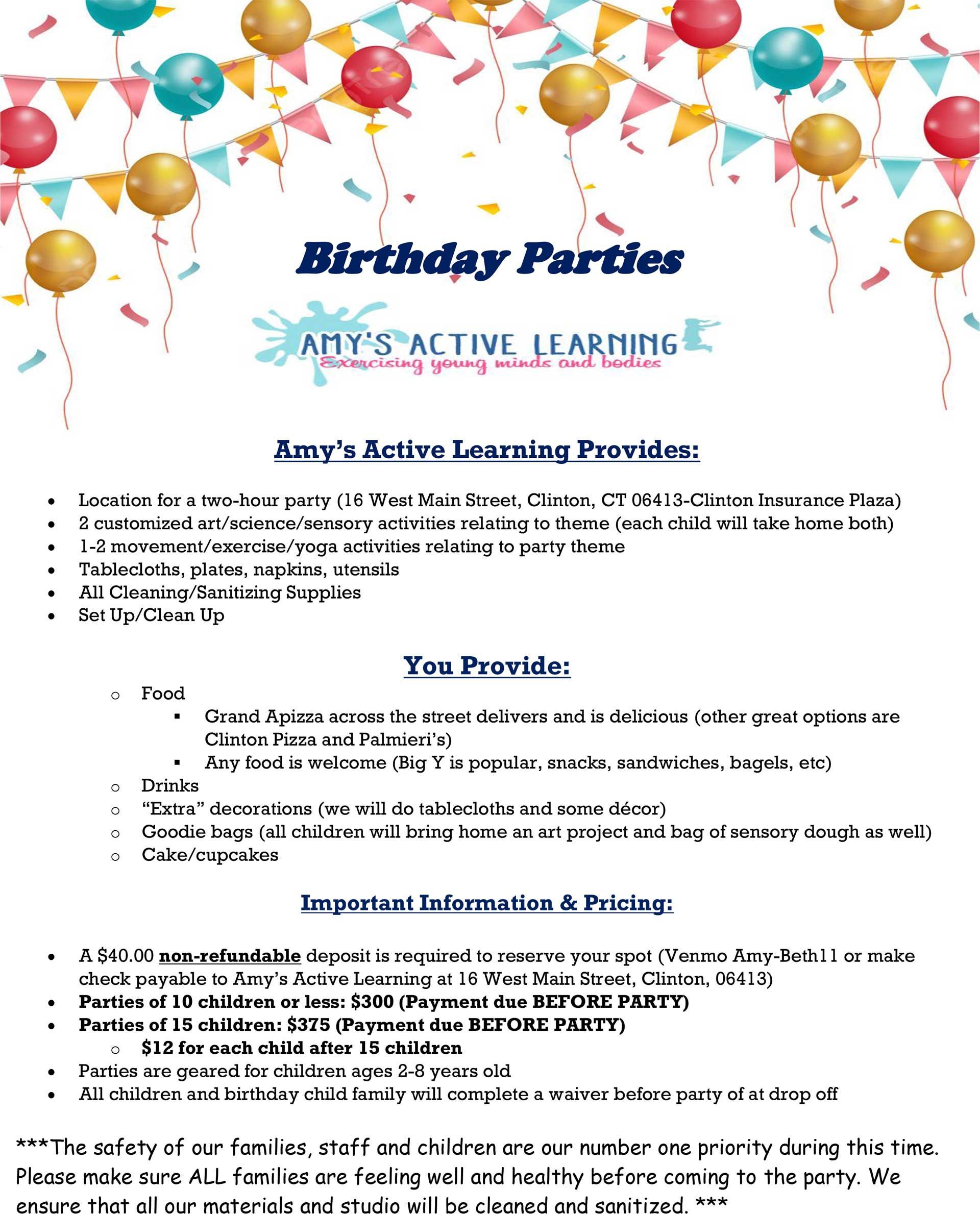 Amy’s Active Learning Birthday Party Flyer