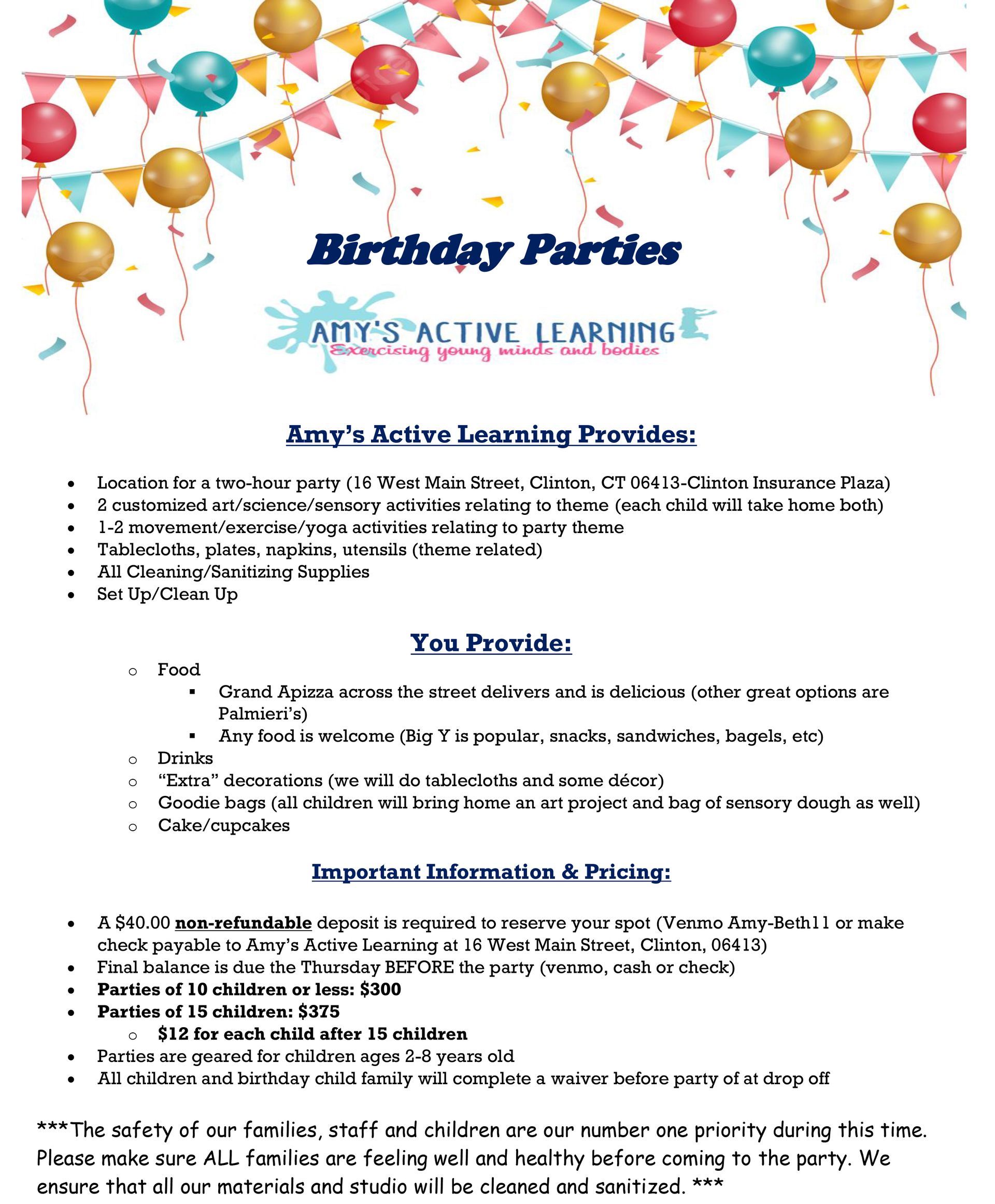 Amy’s Active Learning Birthday Party Flyer