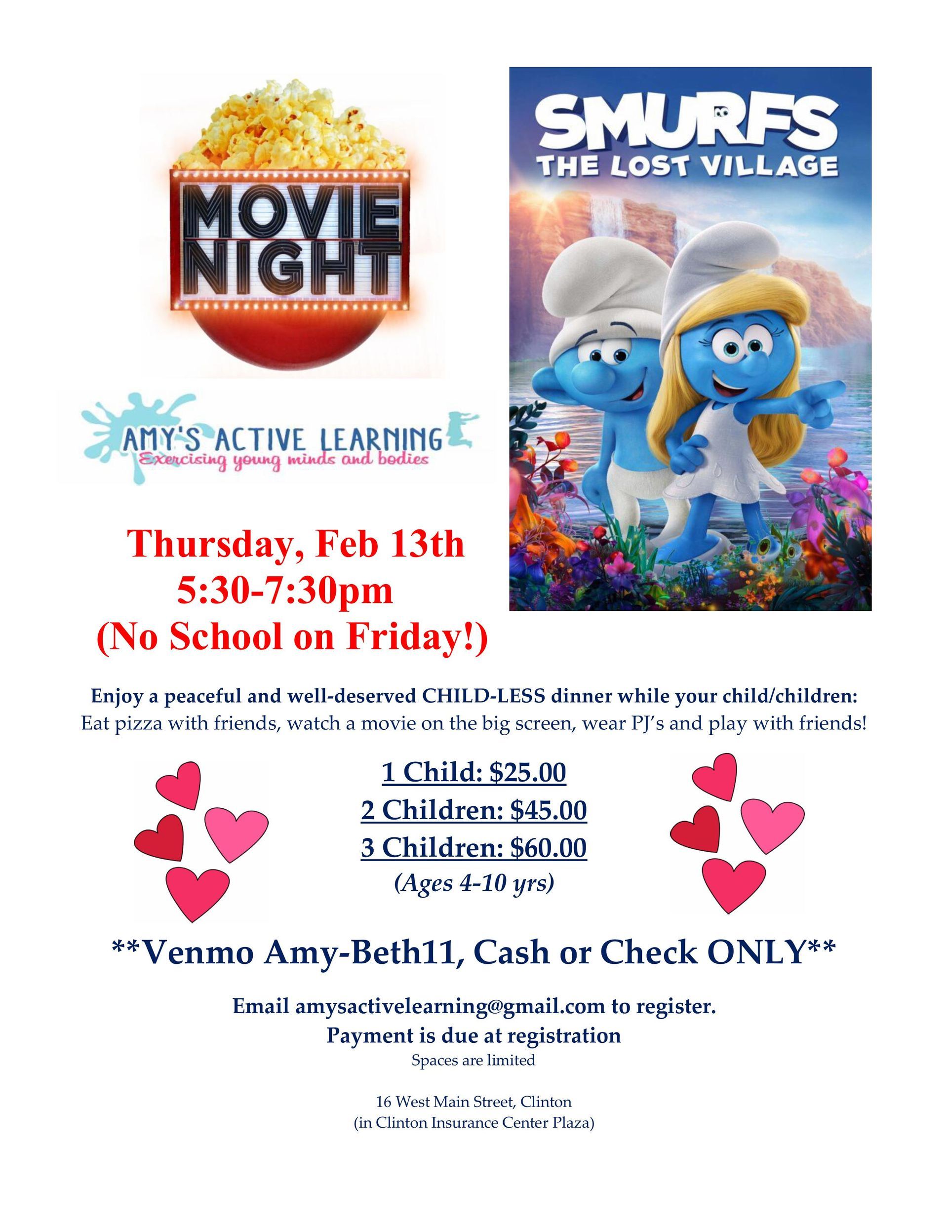 A poster for a movie night called smurfs the lost village.