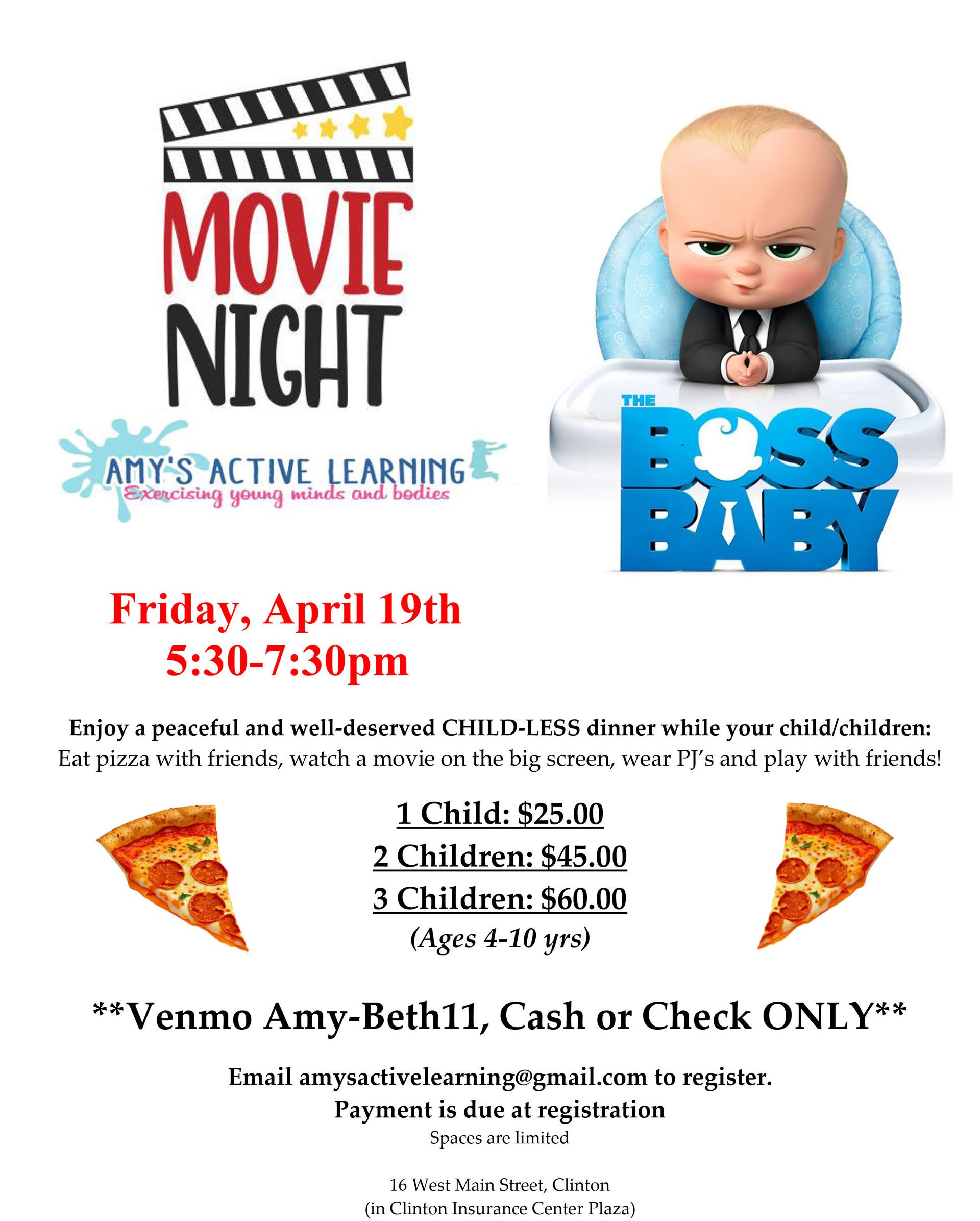 A poster for a movie night with a baby in a high chair and pizza slices