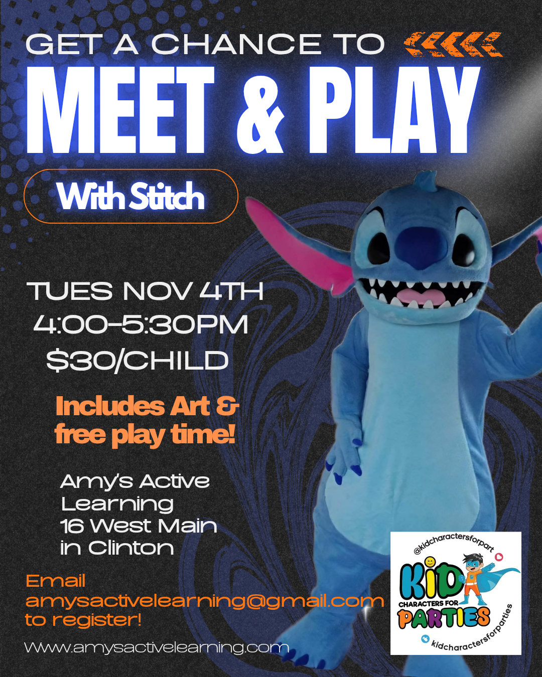Flyer for a Meet & Play event with Stitch. Includes art and free play.  Located at Amy's Active Learning in Clinton on Nov 4th.