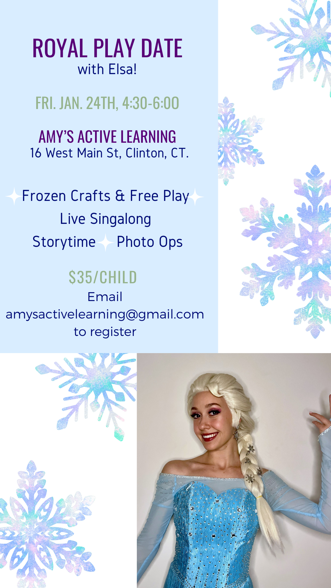 An invitation to a Elsa event at Amy's Active Learning