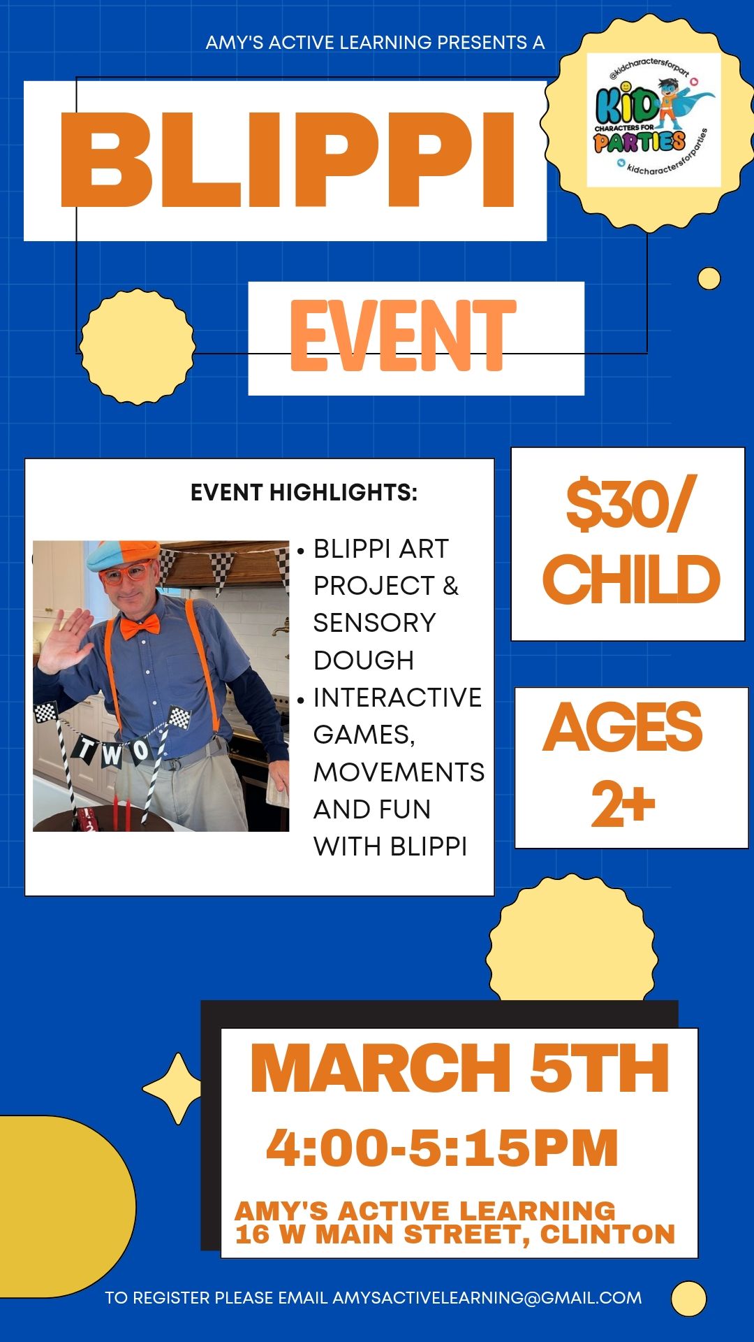 A poster for a blippi event on march 5th