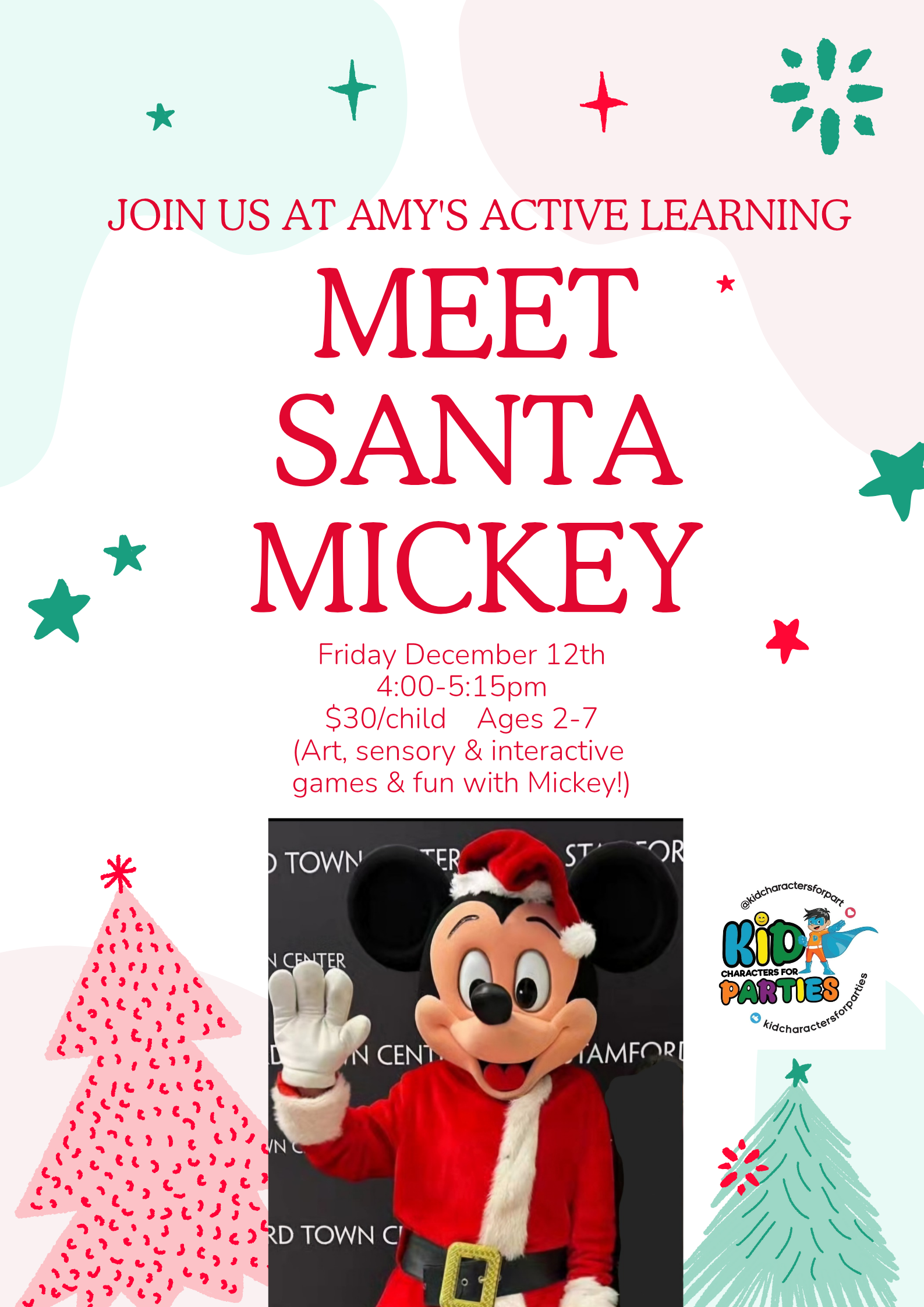 Poster for a Meet Santa Mickey event at Amy's Active Learning. Mickey Mouse in a Santa suit.
