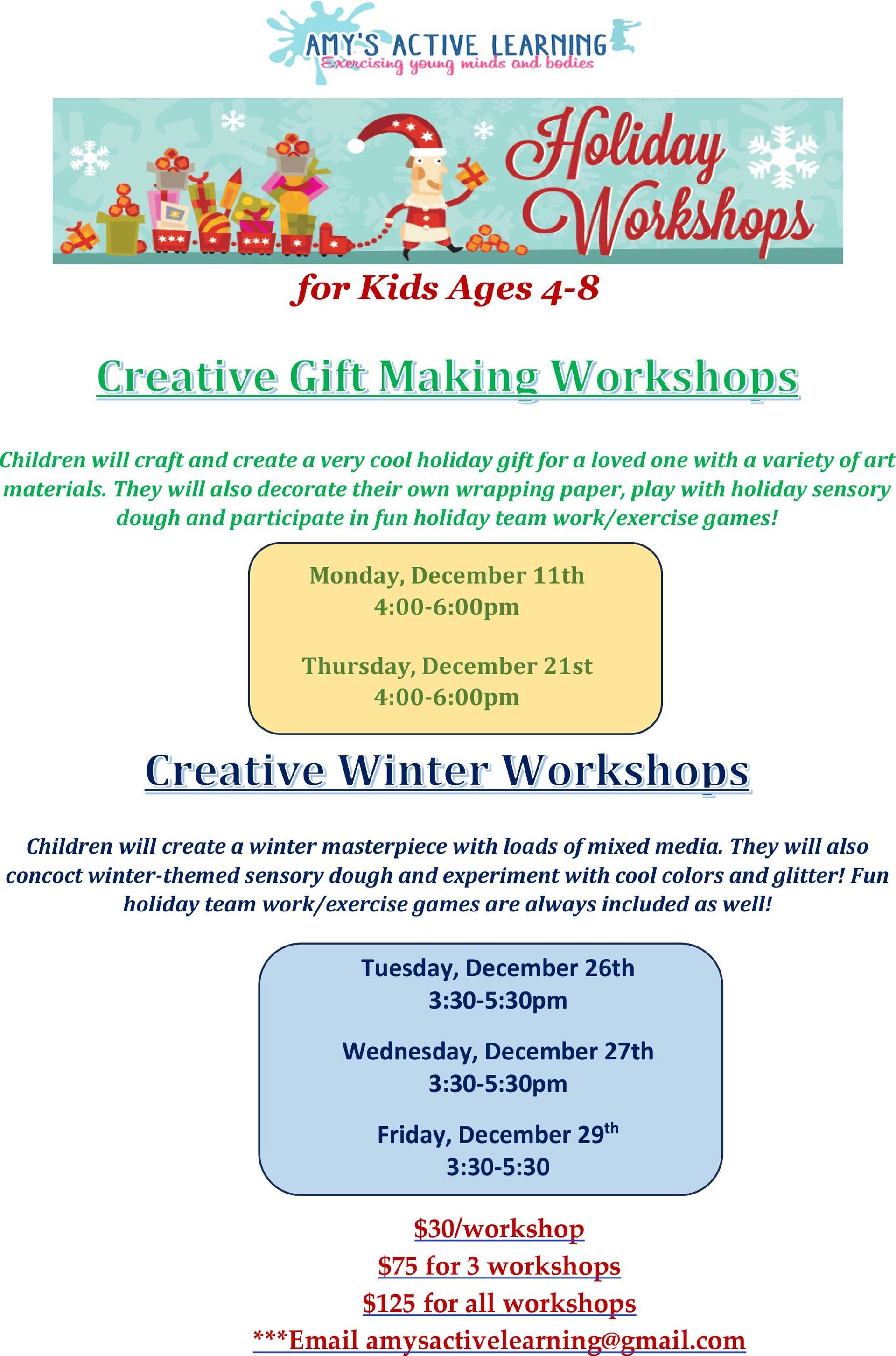 Holiday workshops for kids ages 4-8