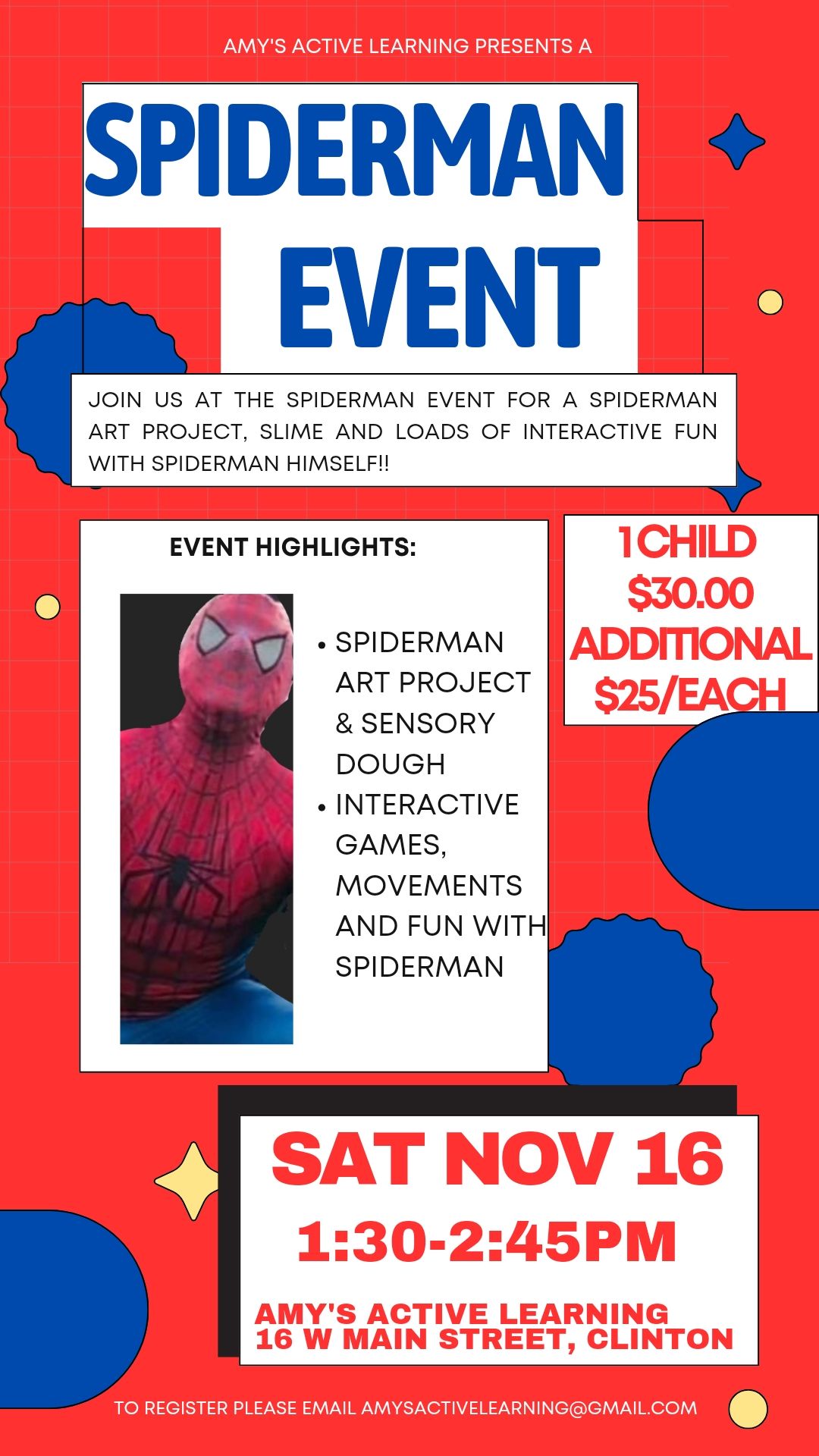 A poster for a spiderman event on saturday november 16.